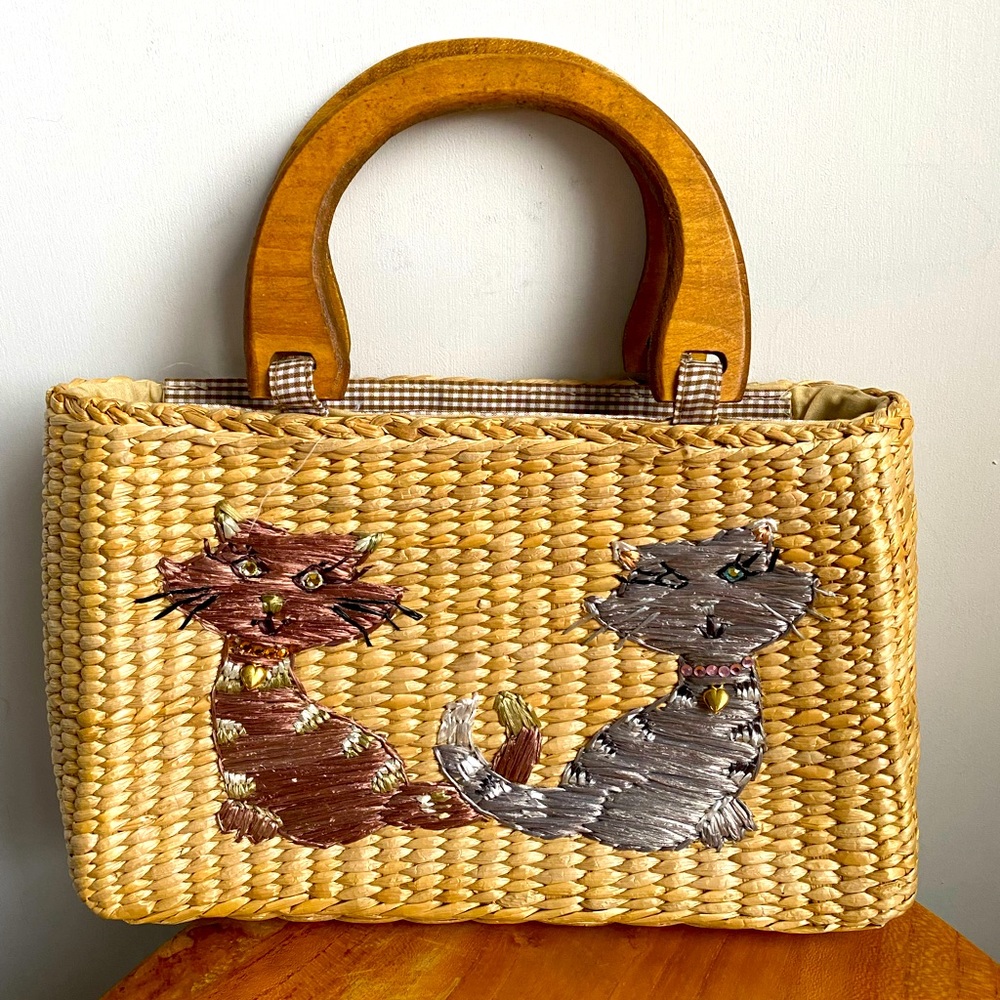 Vintage Cappelli Straw Purse Clutch with Cute Cat Embroidery and Rhinestones NEW